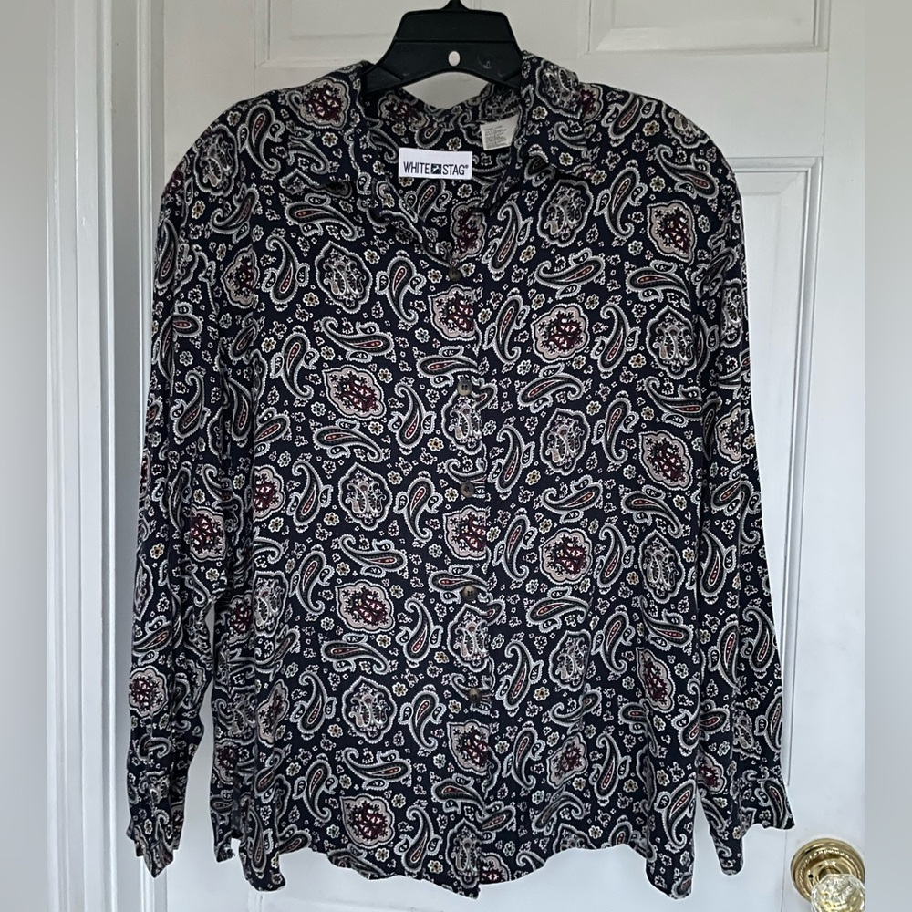 Navy Black Paisley, white stag, ladies, button-down shirt, vintage, large